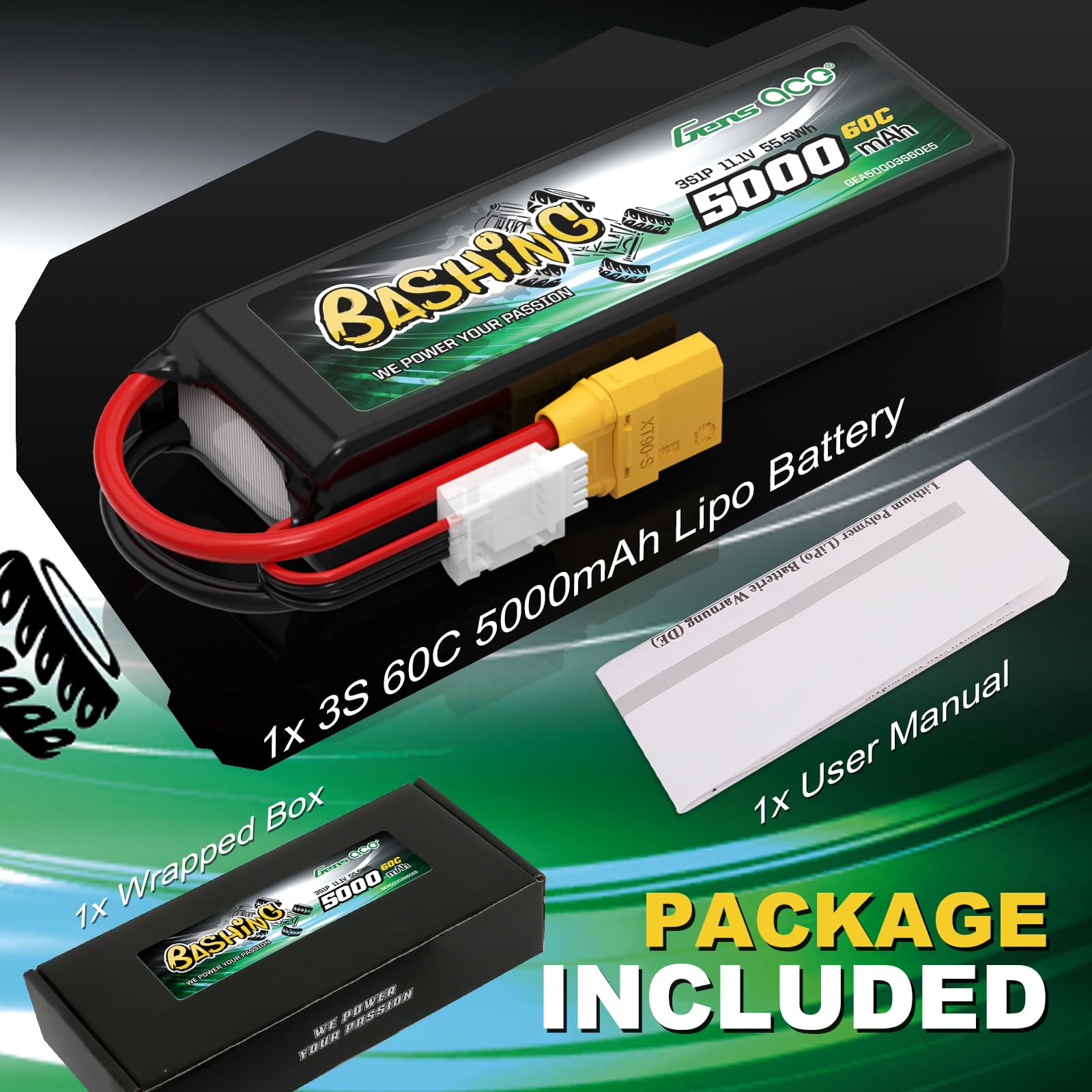 Gens Ace 3S LiPo Akku 11.1V 5000mAh 60C mit XT90 Stecker Bashing Batterie für RC Auto, RC Flugzeug, RC Hubschrauber, RC Hobby