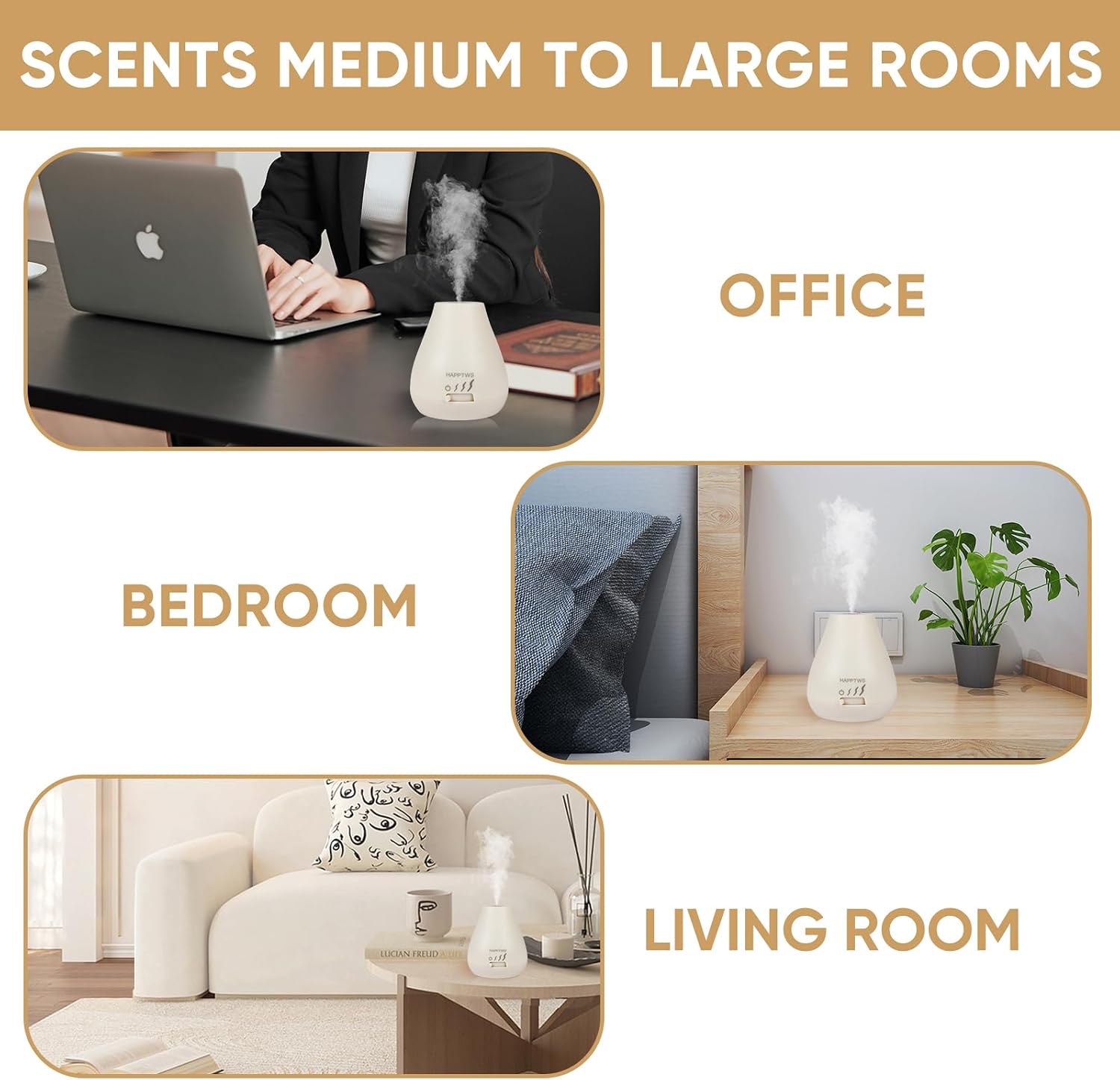 HAPPTWS Essential Oil Diffuser - Waterless Diffuser 3 Timer Settings Battery Powered for Bedroom Yoga Room Toilet Pet Room White