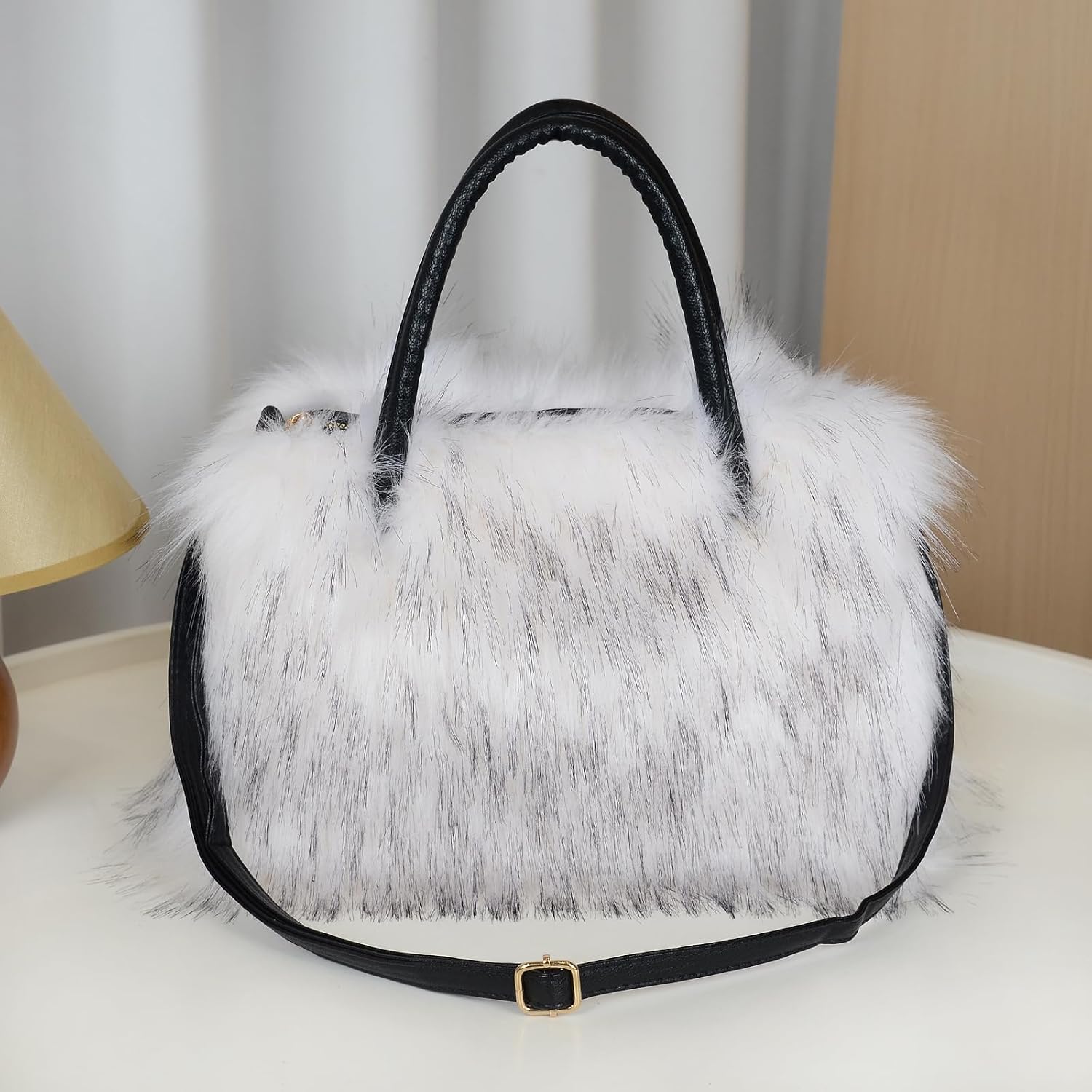 Women's Faux Fur Crossbody Tote Purse, Black Leather Handle Fluffy Fashion Shoulder Handbag