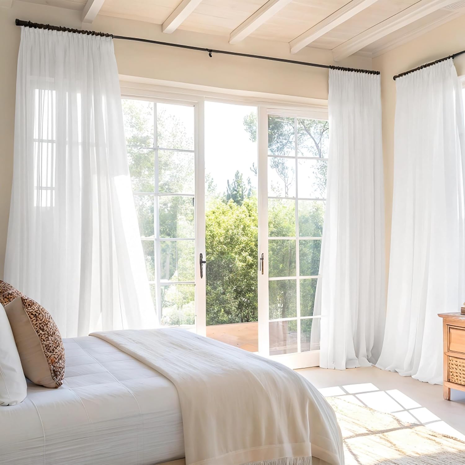 ChadMade Linen Textured White Sheer Curtain 2 Panels Set 84 Inches Long, Lightweight & Breathable Pinch Pleated Light Filtering Privacy Window Drape for Kitchen Dining Room Decor, 52 W x 84 L