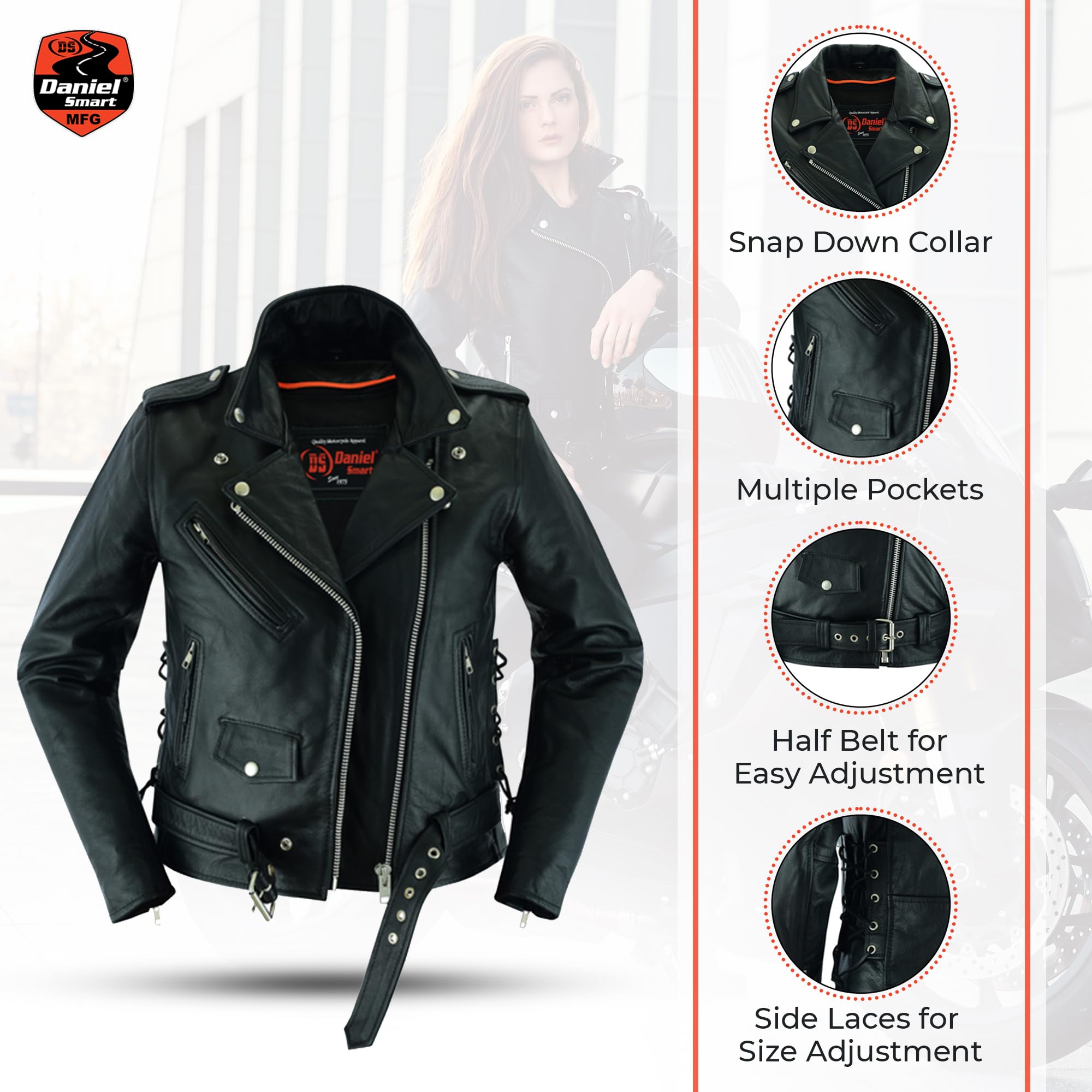 Daniel Smart Womens Motorcycle Jacket Real Cowhide Leather Bikers Jacket with Side Laces Zip-out Liner — view 4