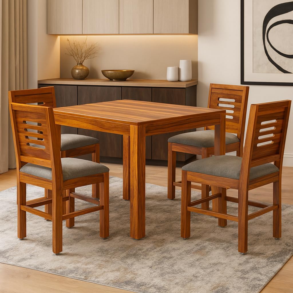 Wooden 4 Seater Dining Table Set | Dining Table 4 Seater | Four Seater Dinning Table with 4 Cream Cushioned Chairs | Dining Room Furniture for Kitchen & Restaurants | Sheesham Wood,Natural-image-8