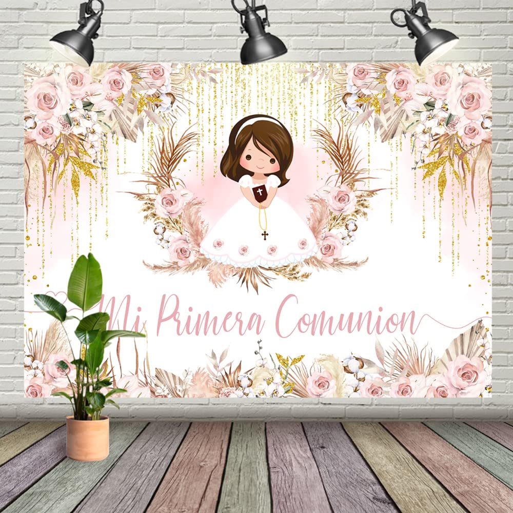 Wollmix 7x5ft Mi Primera Comunion Backdrop Boho Pink Flower for Girl Background Mi Bautizo Baptism First Holy Communion Photography Christening