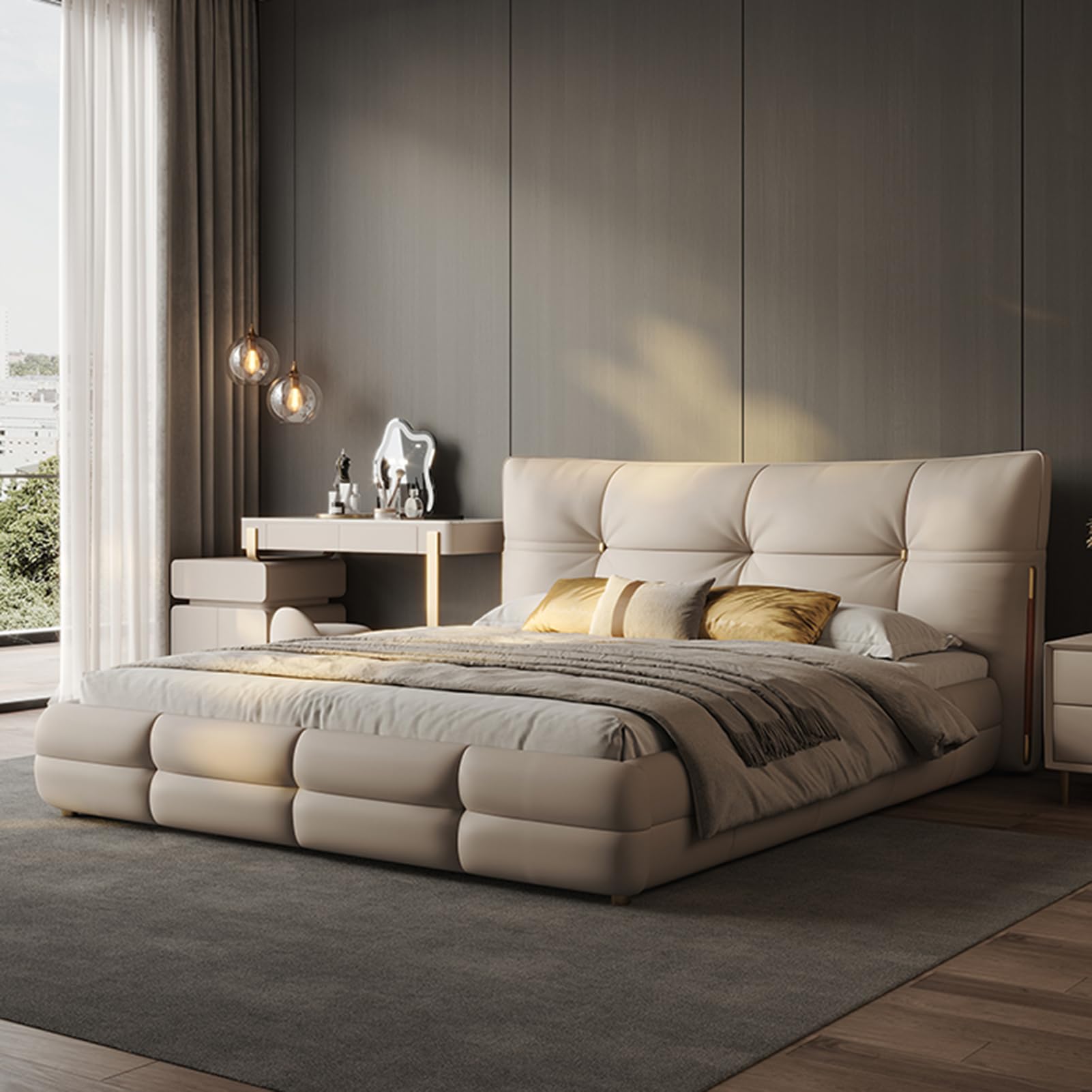 King Size Genuine Leather Wood Bed Upholstered Platform Bed Frame with Wingback Headboard and Storage Drawers Strong Wooden