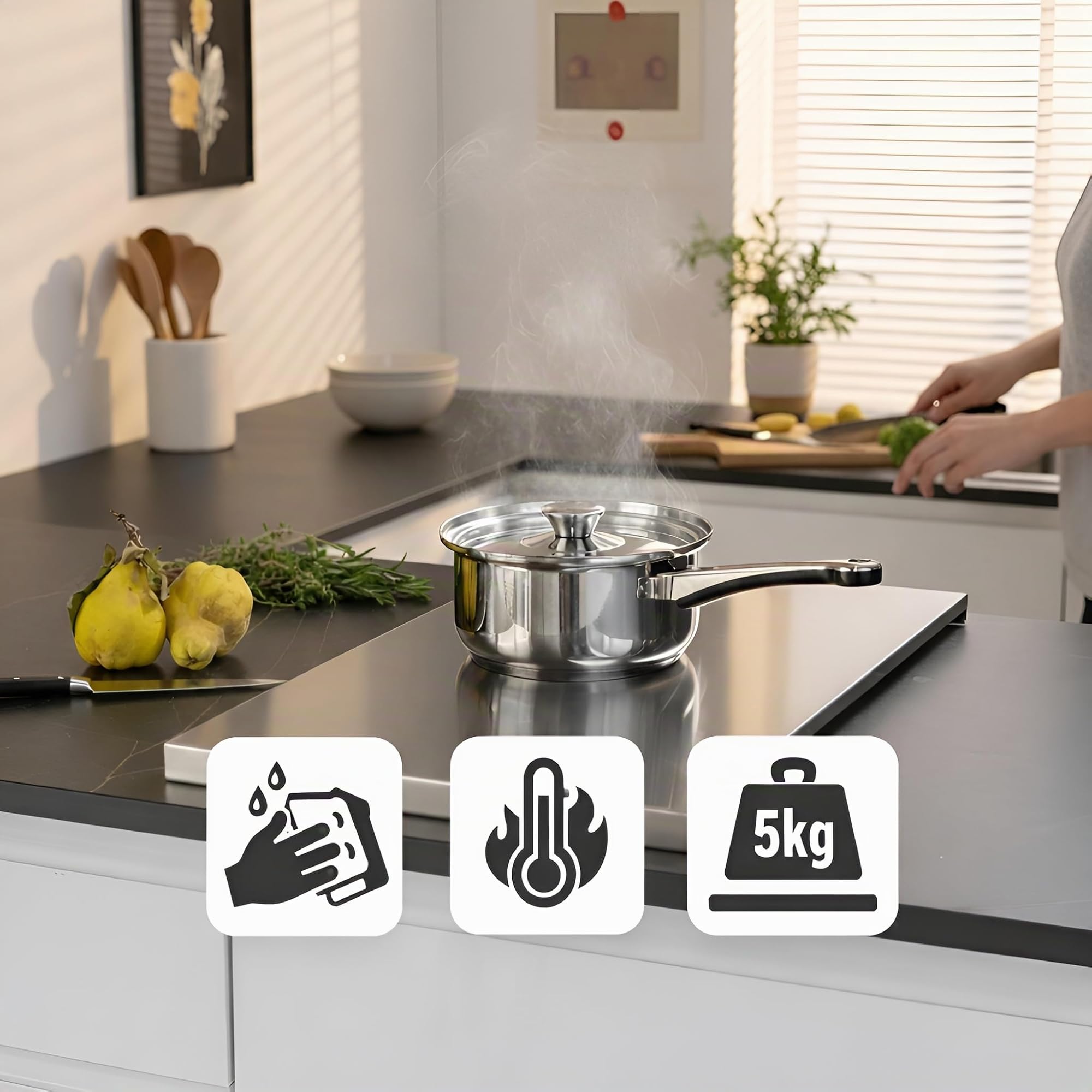 Cache plaque induction et cache plaque de cuisson vitrocéramique 55 x 33 x 2,5 cm – Non gaz – Fait main en Europe. Protection plaque vitrocéramique et protecton induction (1, Inox)
