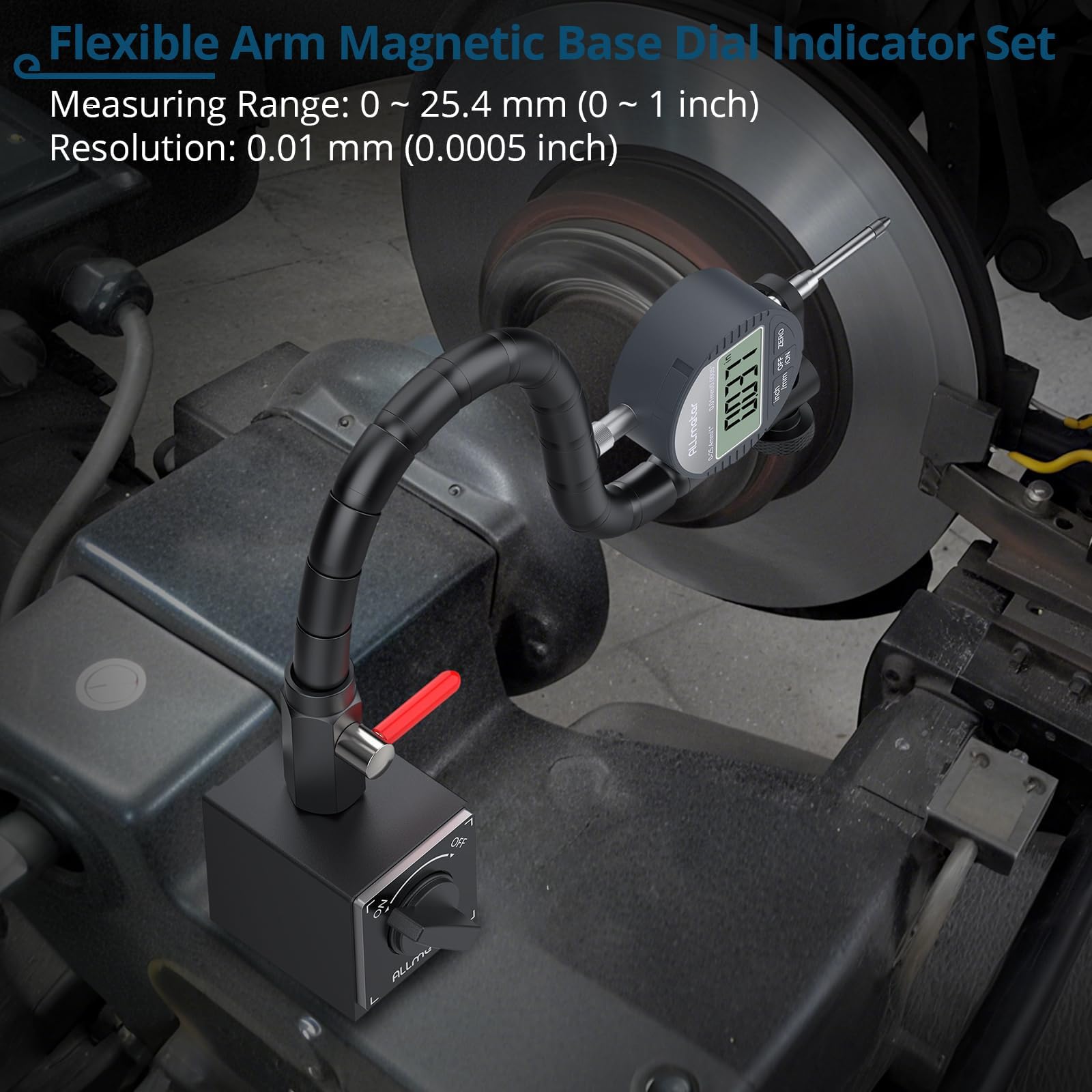 Comparateur Numérique pour Disques de frein et Rotules, Indicateurs à cadran Précision Plage 0-25.4 mm Résolution 0.01mm support flexible 360° avec Base magnétique Rallye 80 kg