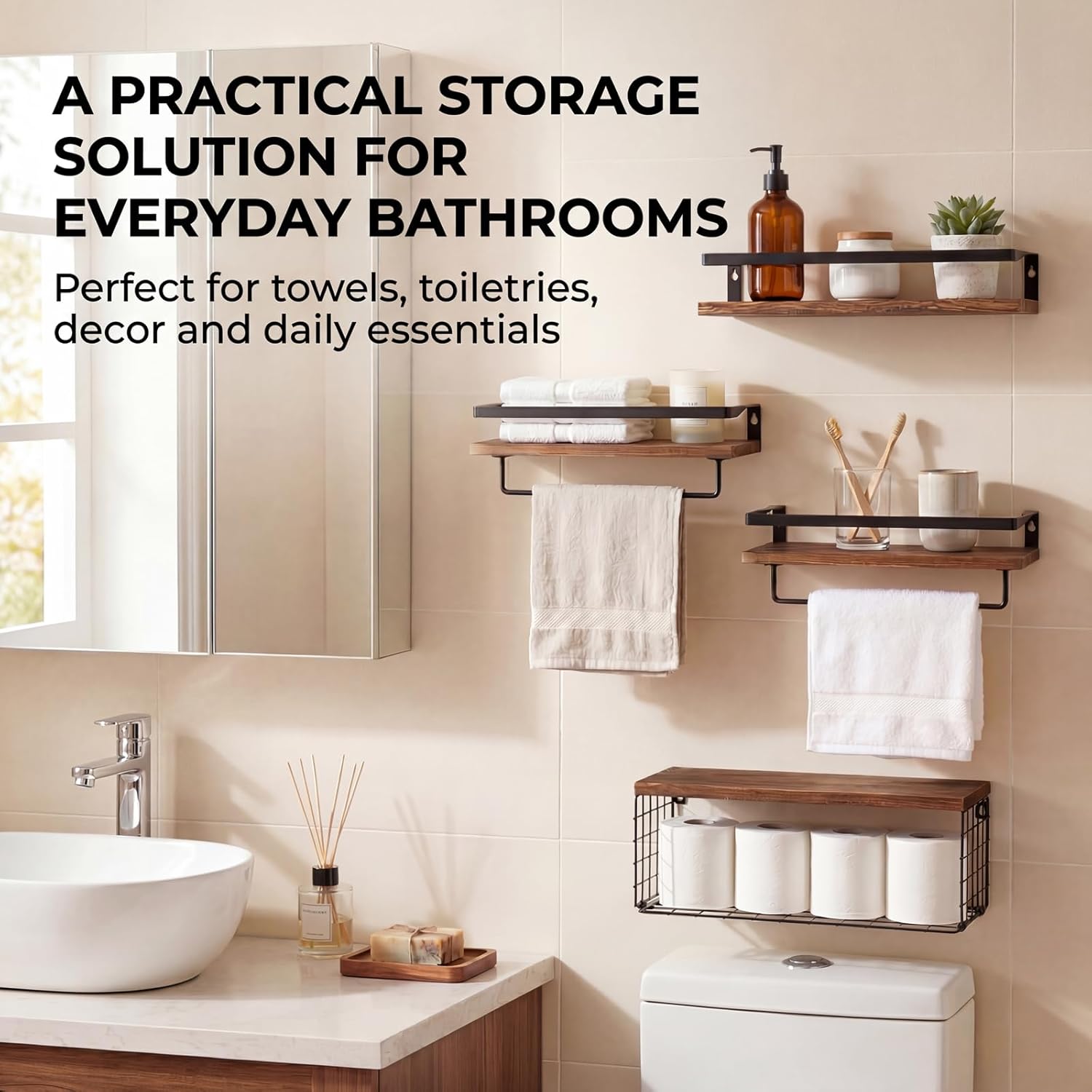 Rustic Paulownia Wood Floating Shelves Set of 4 with 2 Towel Bars, 16.1 in Wall Mounted Bathroom Shelves for Over Toilet Decor, 1 Basket Shelf and 1 Standard Shelf, Space Saving Storage and Display