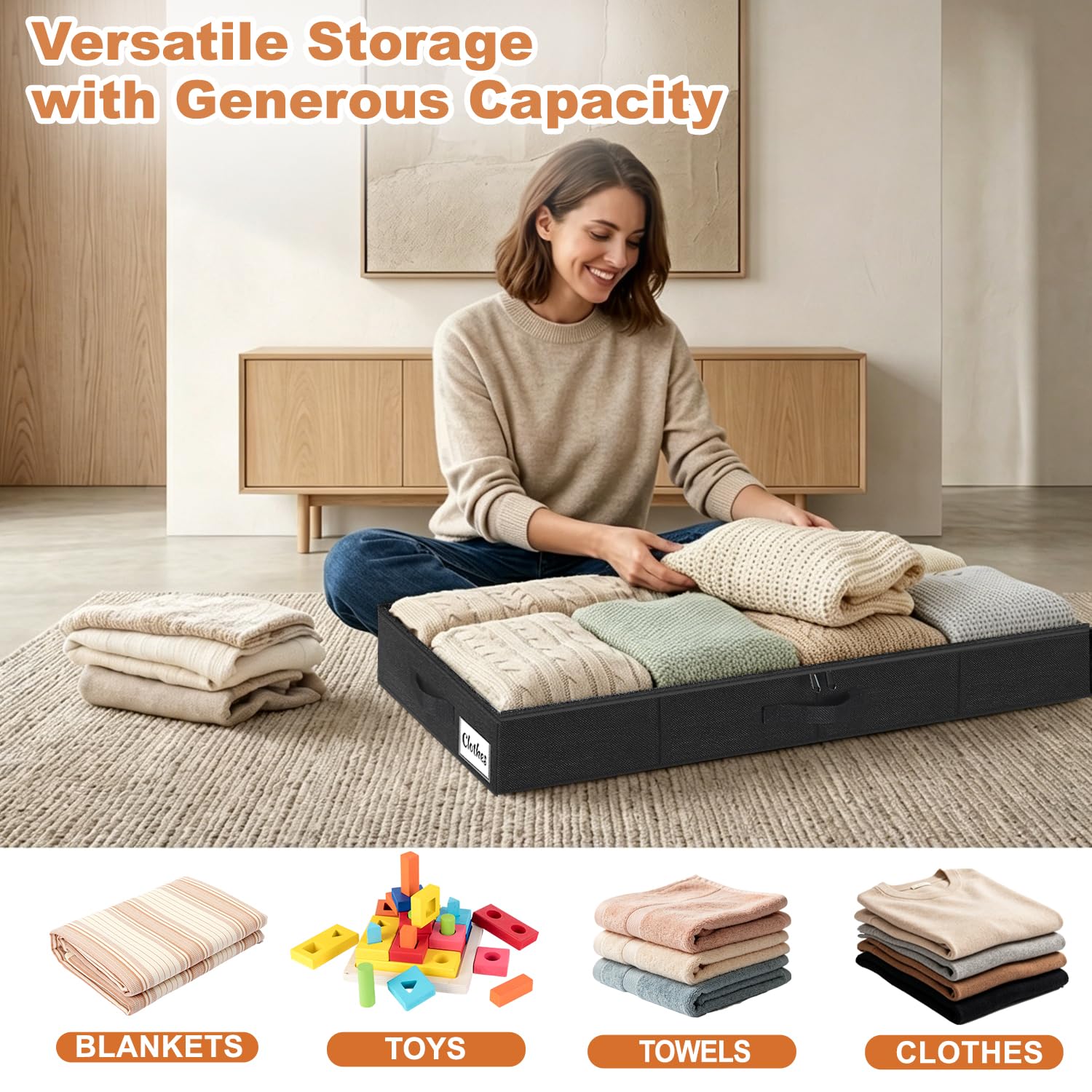 Contenitore Sottoletto con Coperchio con Cerniera 12 cm, 40L Scatola Portaoggetti Sotto il Letto e Divano Slim con Lati e Base Rinforzati, Pieghevole in Tessuto Impermeabile per Vestiti, 2 Pezzi Nero