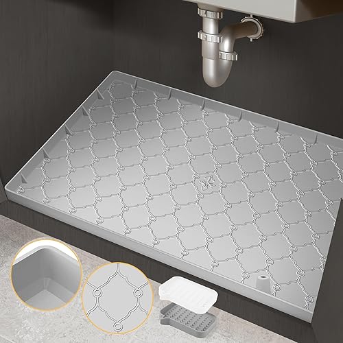 Miniatura 8 de Tapete para debajo del fregadero, 34 x 22 pulgadas, de silicona para debajo del fregadero, impermeable, forro grueso para debajo del fregadero con