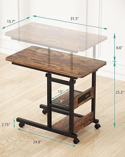 Miniatura 2 de Mesa auxiliar de altura ajustable con estación de carga, mesa lateral móvil para laptop en forma de C con ruedas, mesa de sofá de 3 niveles con