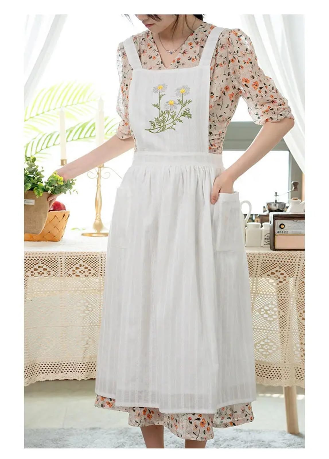 Delantales de verano estilo pastoral retro algodón fino jacquard for mujer, for hornear, for vestido, floristería, jardín, fiesta té