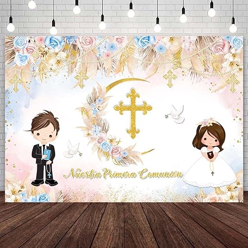Vista 37 de Telón de fondo de Nuestra Primera Comunión para gemelos, Dios bendiga el bautismo, decoración de fiesta, ceremonia de bautizo, Mi Primera Comunión