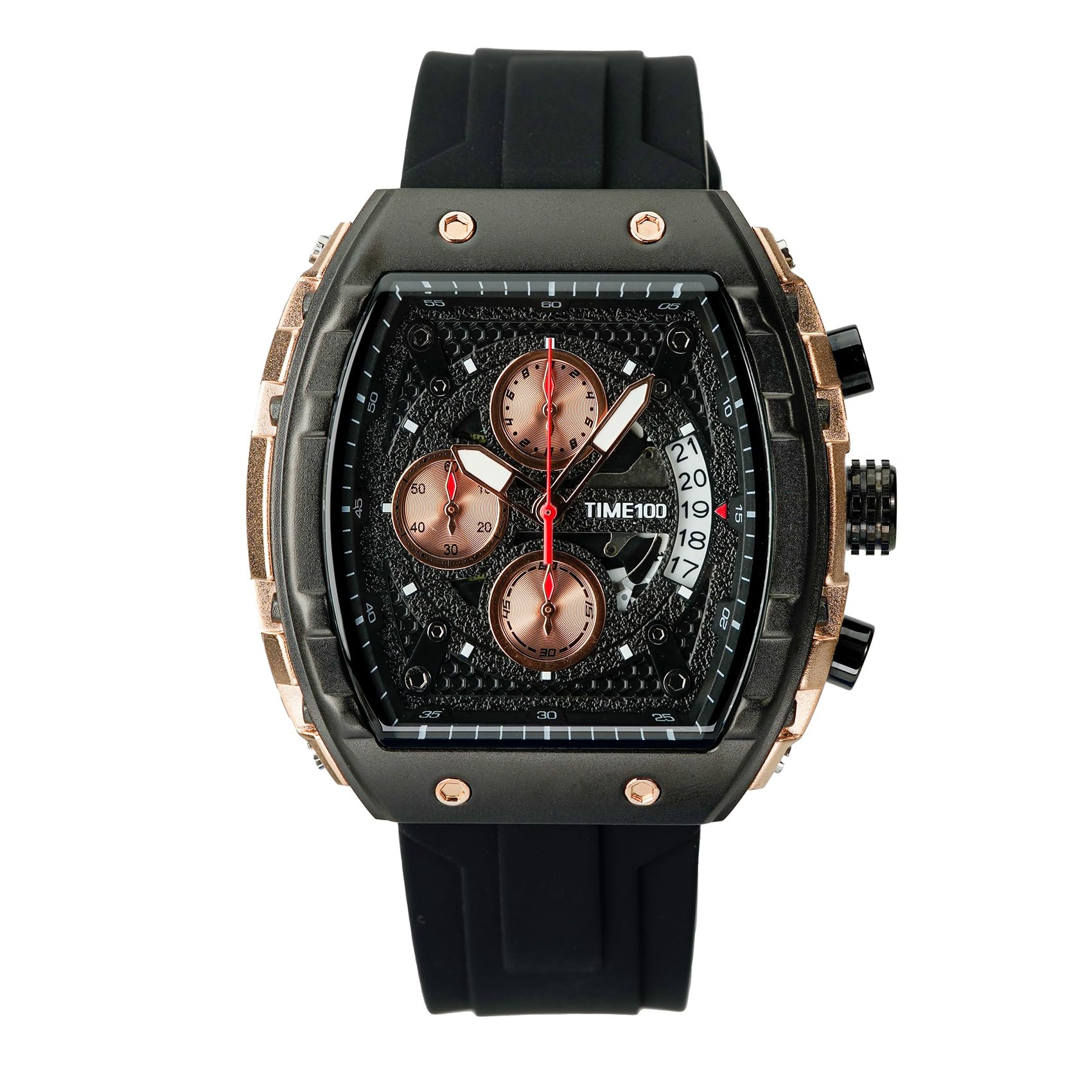 TIME100 Zegarek dla mężczyzn Chronograf Kalendarz Kwadratowa Twarz Świecący Styl Punkowy Wielofunkcyjny Pod-Tarcza Męski Szkielet Tonneau Zegarek Regulowany Silikonowy Pasek, Czarne i różowe złoto,