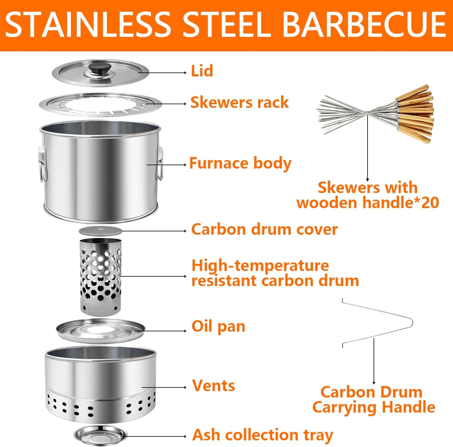 Stainless Smokeless Charcoal Grills Surround Charcoal Barrel Grill 360° Smokeless Outdoor Barbecue Grill for Travel for Travel, Outdoor Cooking and BBQ, Camping Grill Picnic Patio Backyard