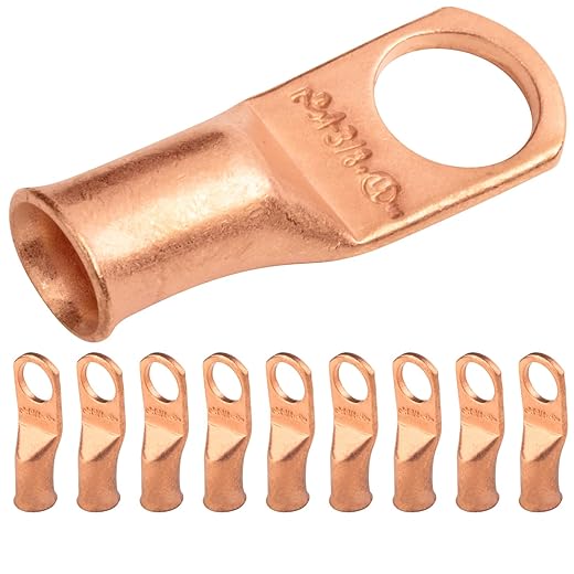 SELTERM 10pcs 4 AWG - 3/8" Stud - Battery Lugs, Heavy Duty Wire Lugs, Ring Terminals, Battery Cable Ends,4 Guage Terminals, UL Bare Copper Eyelets Electrical Battery Terminal Connectors