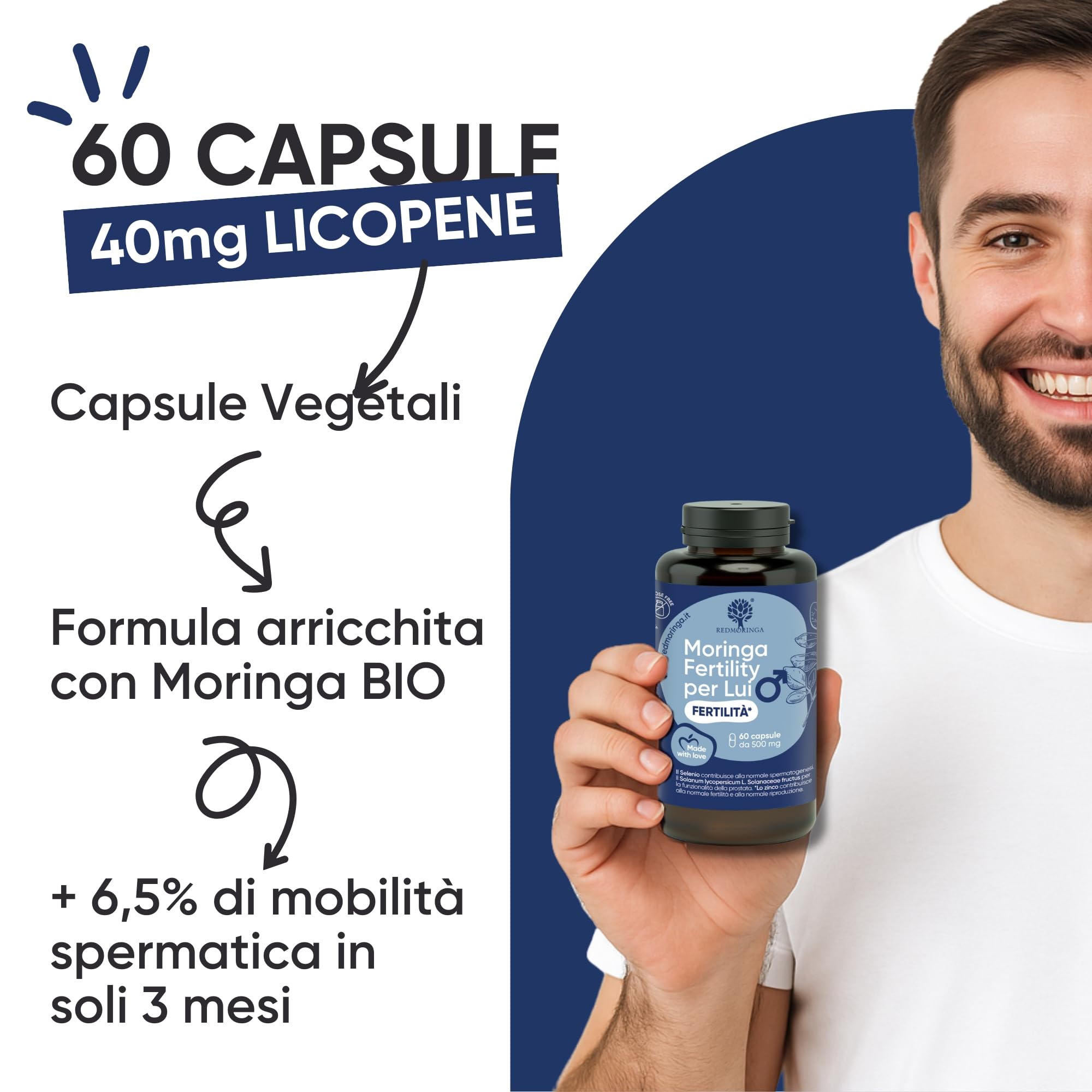 Integratore Fertilità Uomo - Moringa, Licopene Alta Concentrazione, Citrullina, Arginina, l Carnitina, Zinco, Selenio, Coenz Q10 - Supporta Motilità e Vitalità Spermatozoi - 180 Capsule RedMoringa