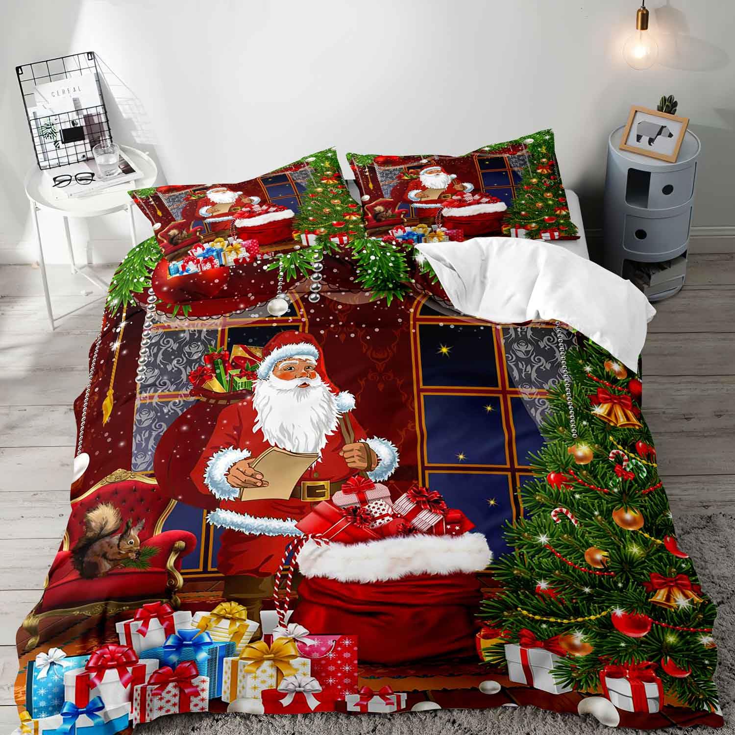 LUVIVIHOME 3PCS Christmas Duvet Cover King Bedding Set, Santa Claus Duvet Cover, Christmas Bedding, Christmas Tree Squirrel Xmas Gifts Holiday