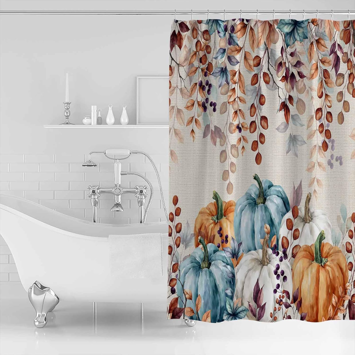 Blue Grey Pumpkins Fall Shower Curtain Set - Small 36" x 72" Thanksgiving Washable Bathtub Curtain with 12 Hooks, Maple Leaf Waterproof Fabric Stall Shower Curtains for Bathroom/Bathtub Décor