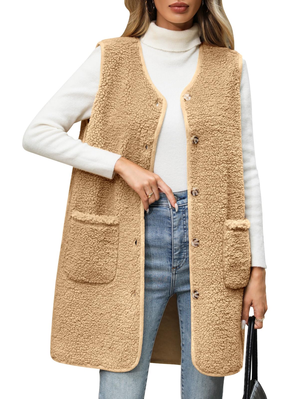 RITOSTA Teddy Fleece Weste Damen Lang Fleeceweste Herbst Winter Damenweste Warm Ärmellos Westen V-Ausschnitt Fellweste Leicht Lässig Plüschweste Knöpfen Teddyjacke Mit Taschen