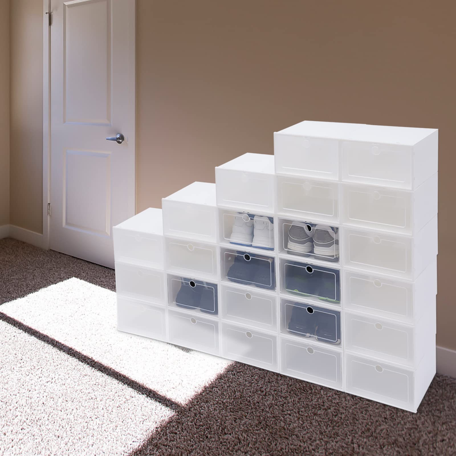 24 cajas de almacenamiento para zapatos, de plástico transparente, apilables, color blanco, cajón en zigzag, caja de zapatos, caja de juguetes, almacenamiento para accesorios