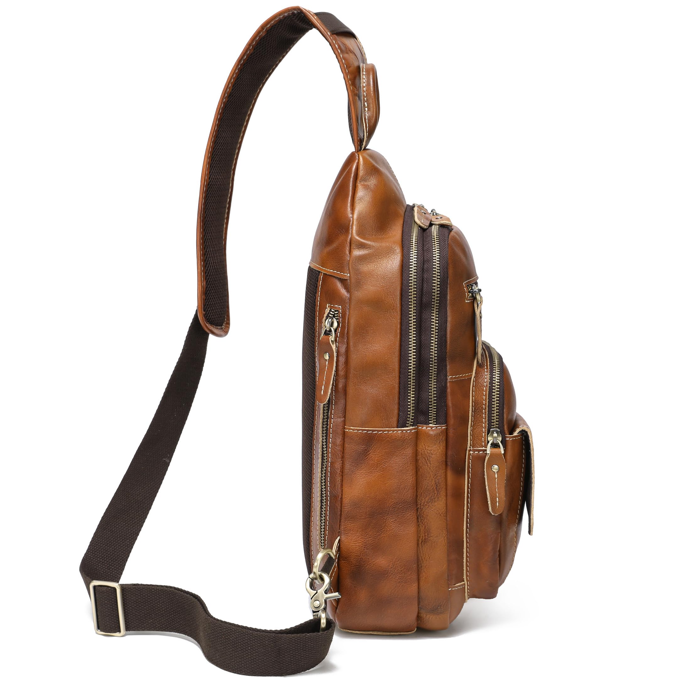 LANNSYNE Full Grain Leather Casual Sling Bag For Men Hiking/Travel/Business Crossbody Chest Bag Fits 12.9'' iPad'