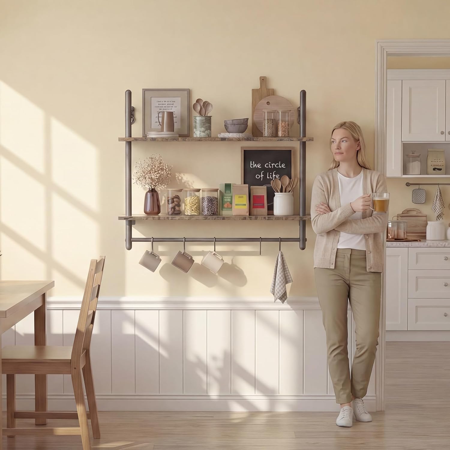 Merapi Industrial Pipe Floating Shelf with Towel Bar & Hooks - 31.5" Wall Mounted Kitchen, Bathroom, Coffee Bar Shelf - Modern Farmhouse Wood & Metal Shelves with 8 S-Hooks