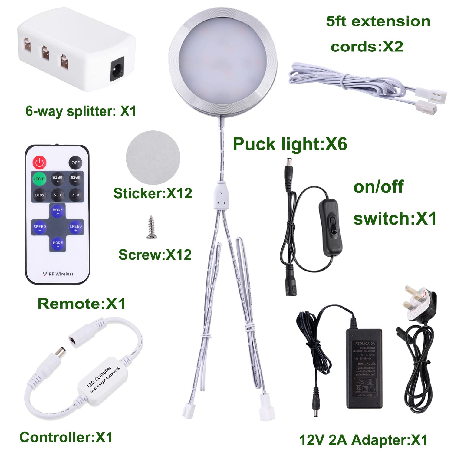 AIBOO Illuminazione a LED collegabile sotto il gabinetto da 12 V, dimmerabile con telecomando RF wireless, cablata e presa a muro per illuminazione display (6 luci bianche diurne)