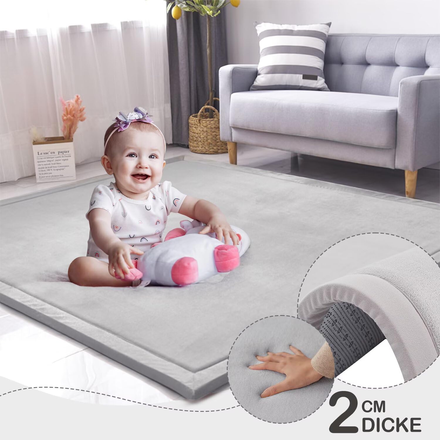 Engrosamiento Coral Terciopelo Alfombra Manta de rastreo para niños Alfombras Suaves de Tatami Antideslizante para niños Enlarge Play Mat (Gris, 100 * 200CM)