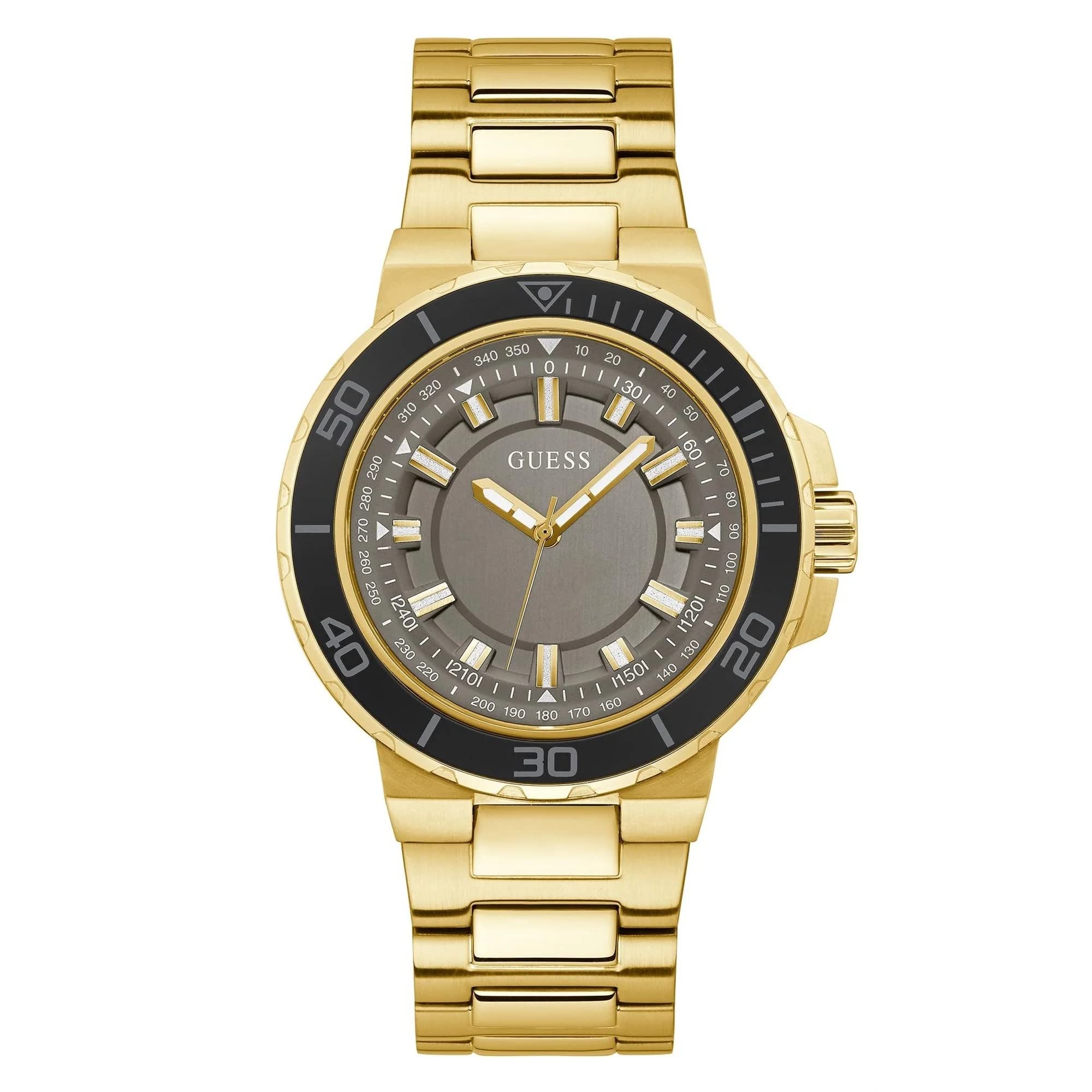 GUESS Reloj deportivo para hombre inspirado en el buceo de 44 mm, esfera negra y caja de acero inoxidable en tono plateado