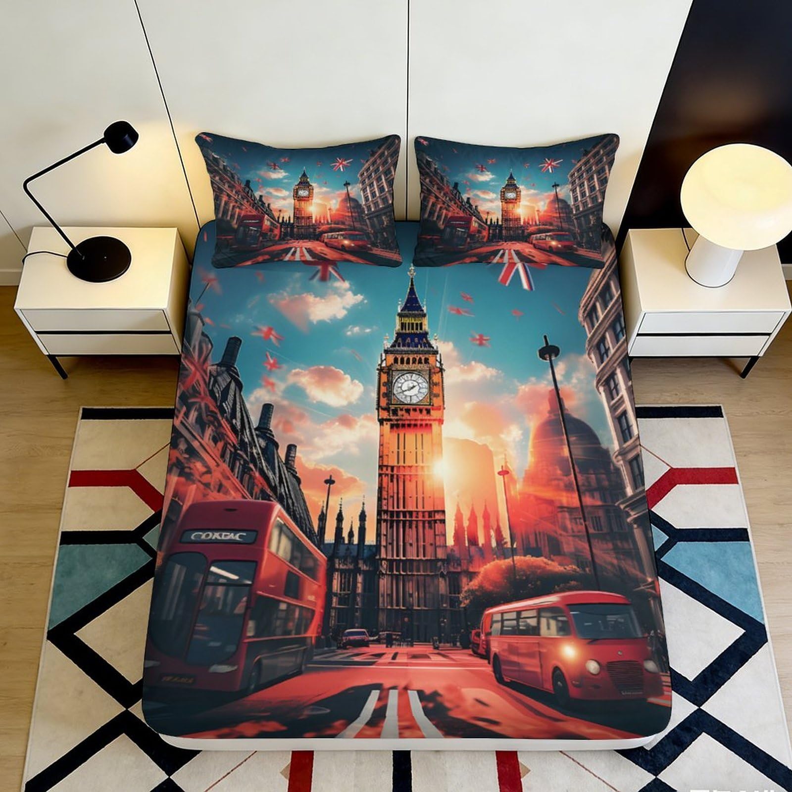 3D Printed London Cityscape Fitted Sheet Microfiber Red Bus Big Ben Mattress Cover Non-Slip Machine Washable Bedroom Decor 90x200x25cm
