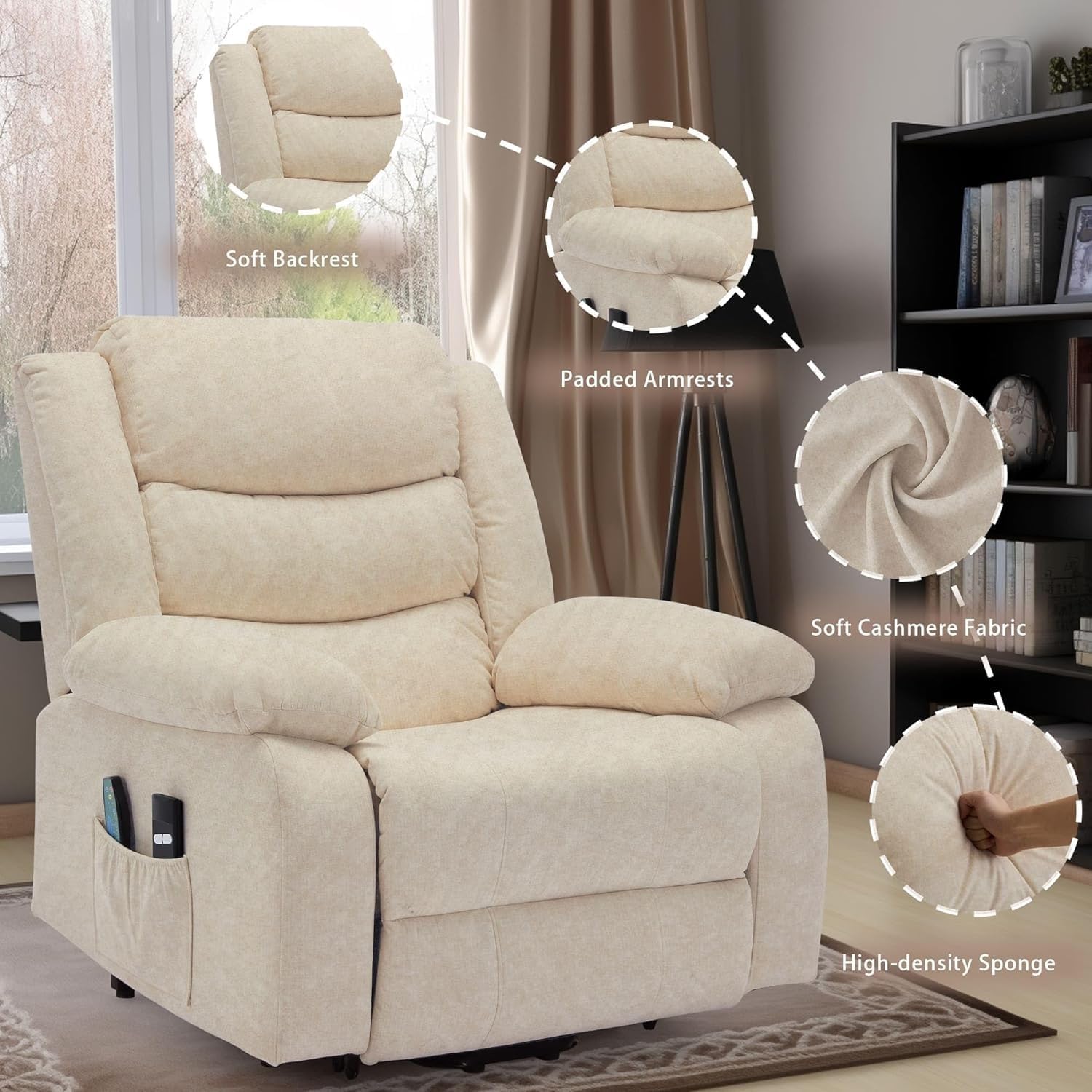 Genuine Leather Power Lift Recliner Sofa with Oversized Seat, Heat and Massage, Remote Control, USB Ports, Cup Holders, and Dual Motor Infinite Position Recline Comfort