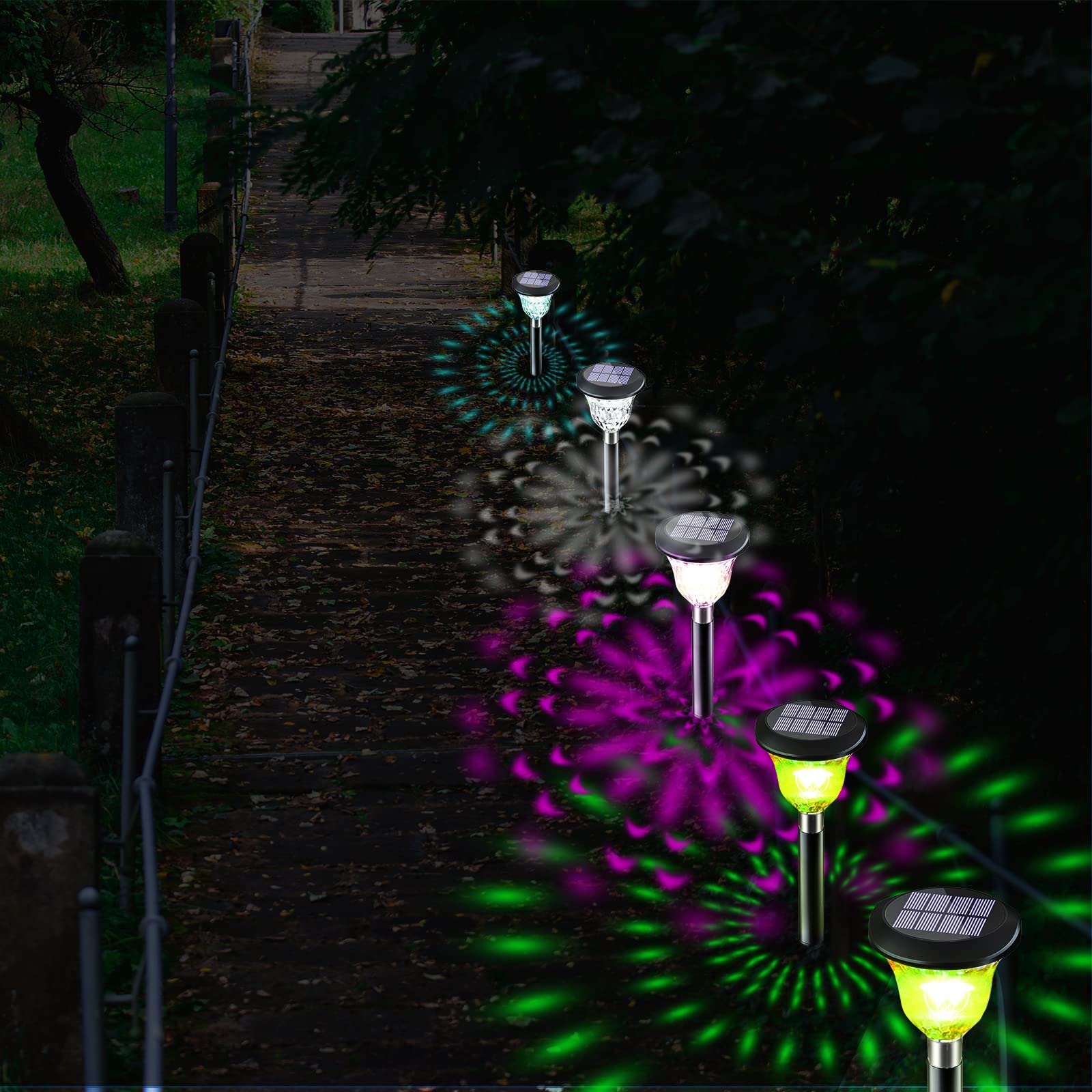 Lot de 4 lampes solaires d'extérieur sur piquet de jardin, blanc chaud et LED changeant de couleur, décoration extérieure à énergie solaire, marche/arrêt automatique pour chemin, pelouse, cour