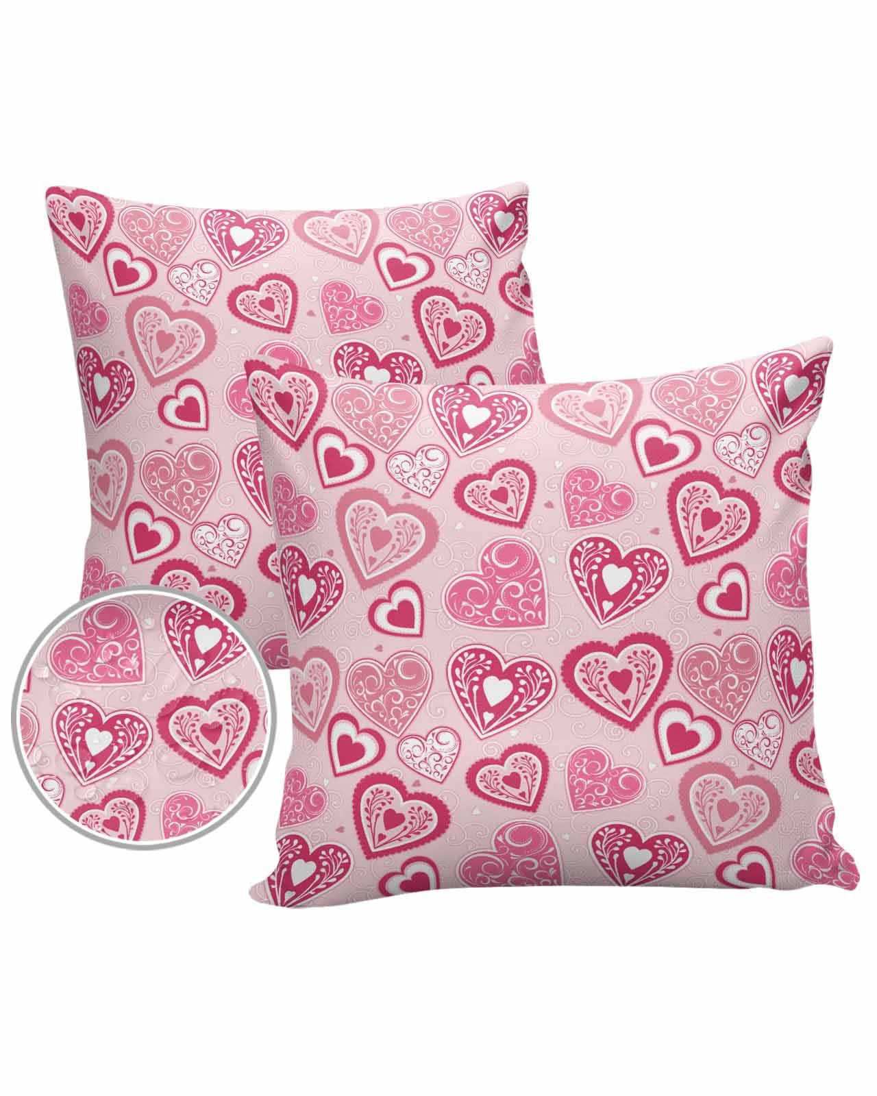 Outdoor Throw Pillow Covers 20x20 Waterproof Valentines Day Heart Paisley Outdoor Pillows Decorative Pillow Covers Cushion Covers Pillowcase for Tent Patio Garden Couch Set of 2, Romantic Love Pink