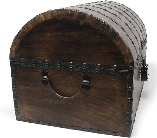 Miniatura 2 de Nautical Cove Cofre del tesoro de madera con remaches decorativos y tiras de hierro de refuerzo con cerradura de hierro y llaves de esqueleto (XL 16