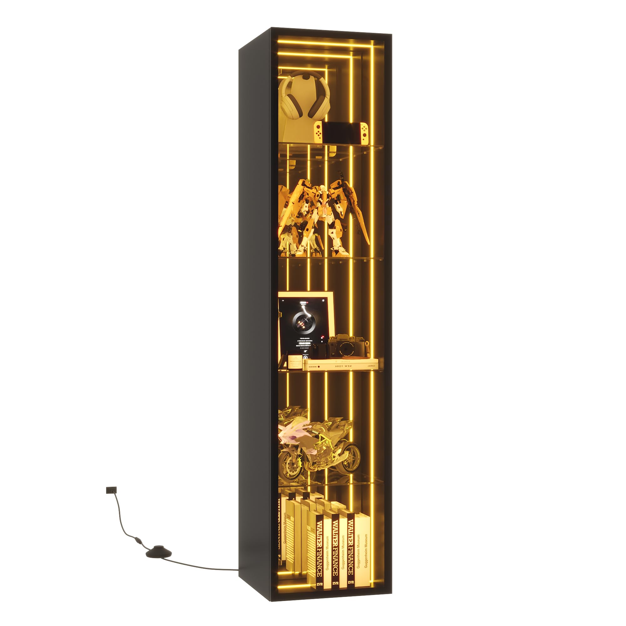 BTM Glasvitrine mit LED Beleuchtung, Aluminiumrahmentür Vitrinenschrank Stehend Wohnzimmer Vitrine Schmal Schwarz 5 Fächer