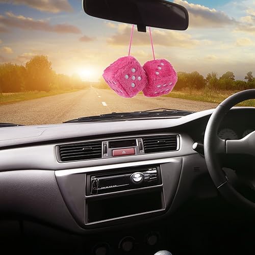 Miniatura 5 de Dados de peluche retro de 3.9 pulgadas, 2 piezas de espejo cuadrado mullido de felpa con puntos para colgar en el interior del automóvil (azul)