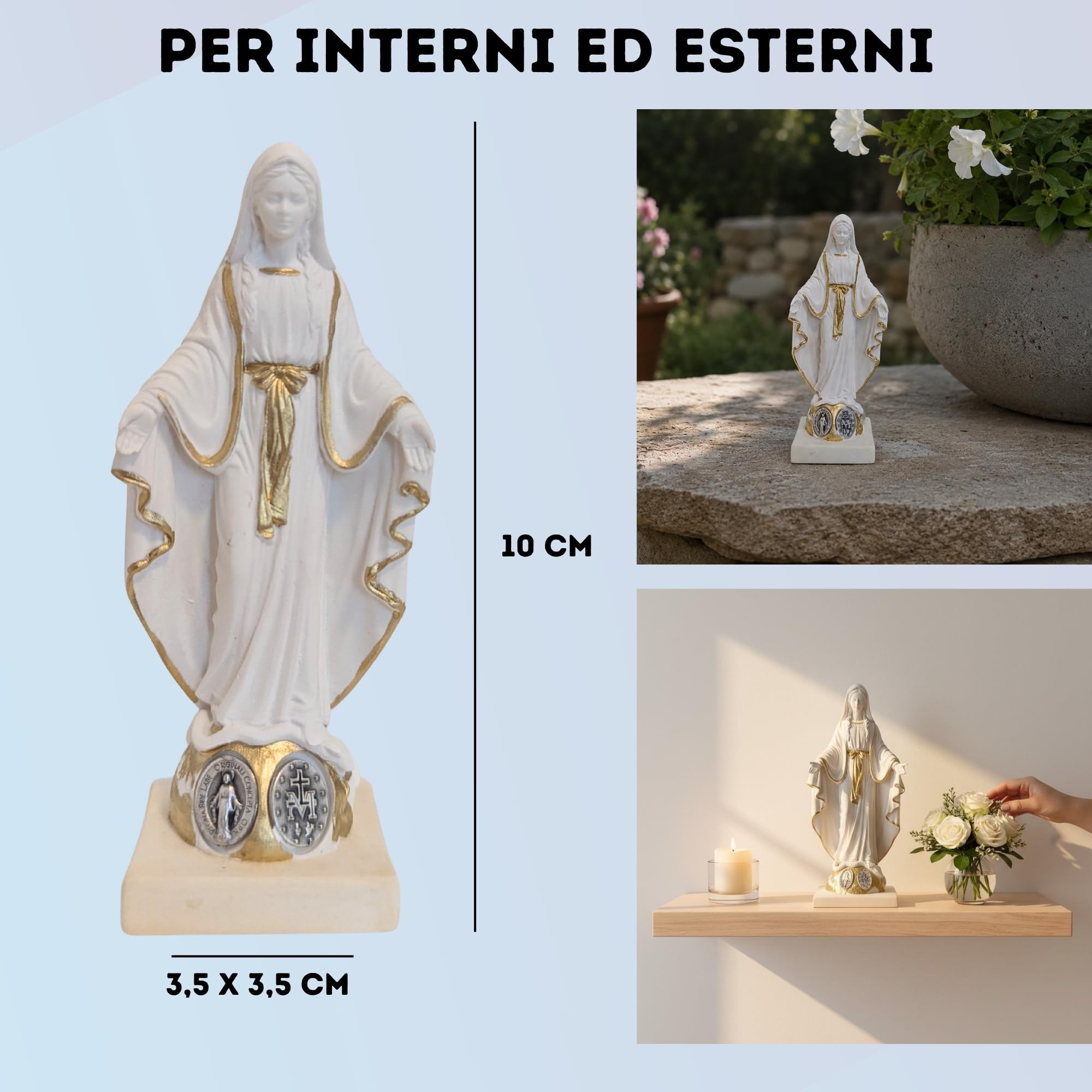 OVUNQUE PROTEGGIMI Statua Madonna Miracolosa o Immacolata Concezione cm 10, in Polvere di marmo. Piccola Statuetta della Madonnina. Medaglia Miracolosa in metallo.