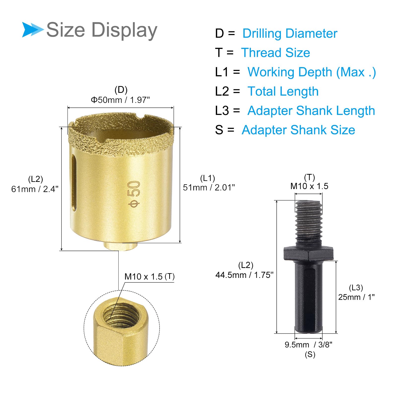 CoCud Diamond Drill Bits Set, 50mm Cutting Diameter, Brazed Diamond Core Drill Bits with M10 Arbor Adapter - Image 2