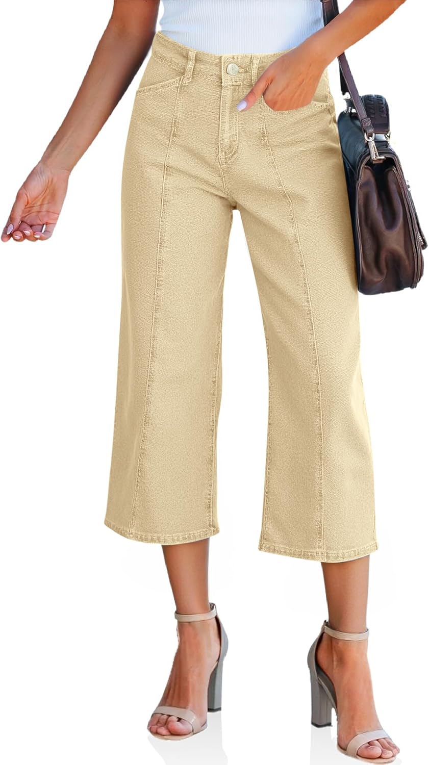 Tankaneo Womens Cropped Wide Leg Capri Jeans Baggy High Waisted Stretchy Flare Jeans Front Seam Denim Pants with Pockets