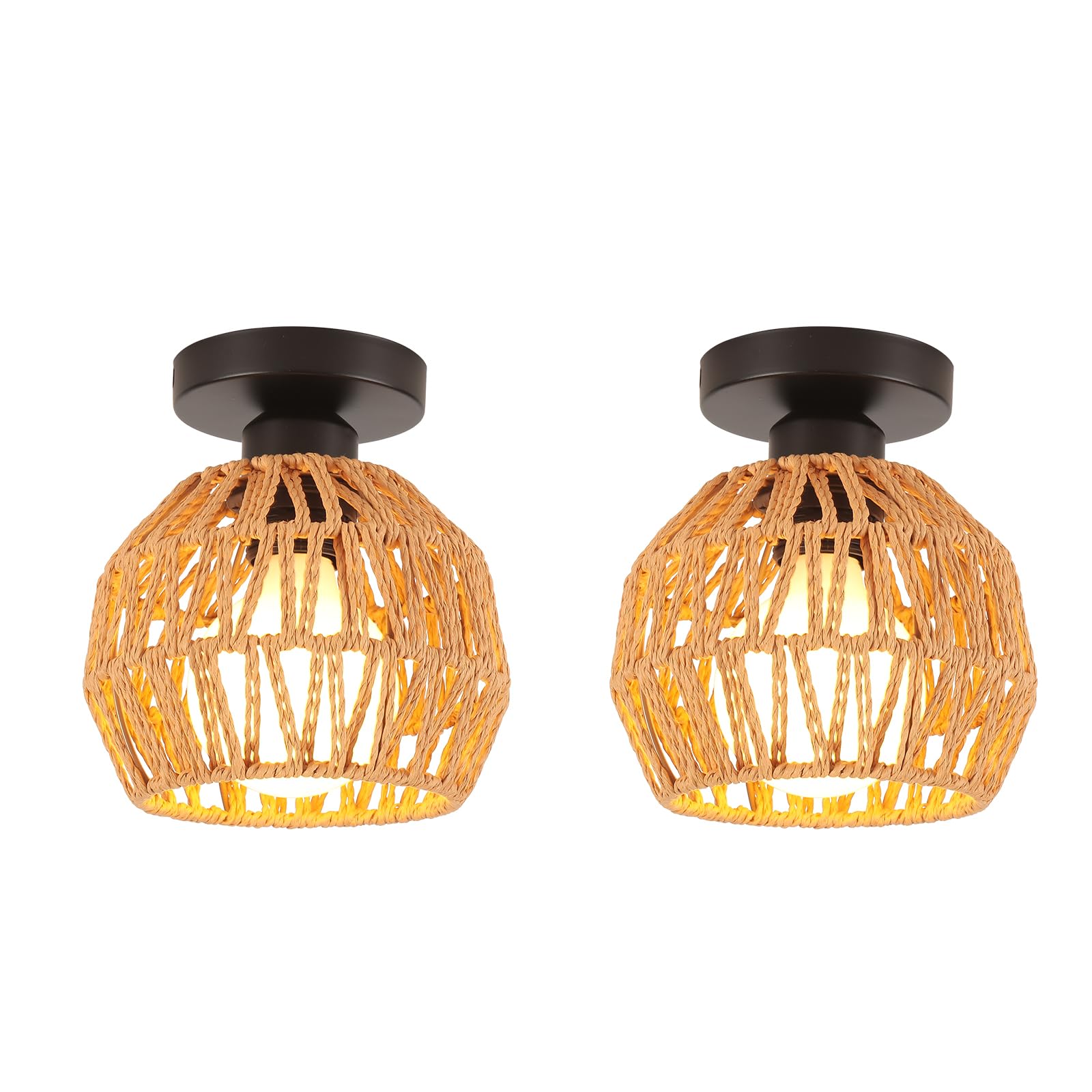 LIGKIN 2 Pieces Vintage Ceiling Light E27 Industrial Ceiling Light Metal Cage and Paper Rope Retro Ceiling Lamp for Hallway Living Room Kitchen Living Room Diameter 16 cm