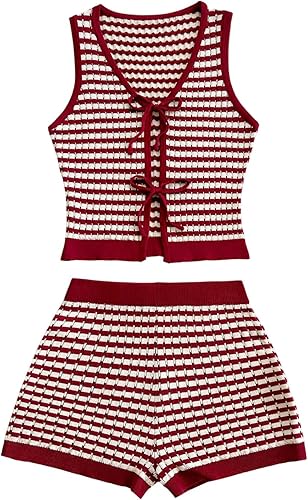 MakeMeChic Women's 2 Piece Striped Set Tie Front Crop Vest and Micro Shorts Vaca