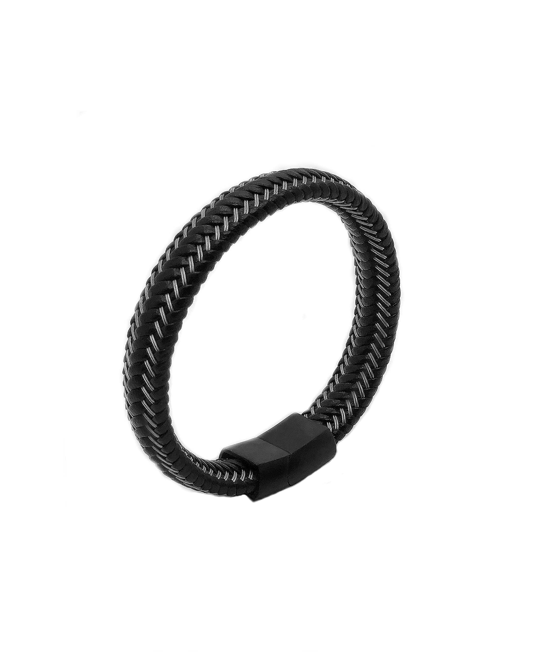 BIYONGDE Leather Interwoven with Stainless Steel Cable Braided Bangle Bracelet Mens Womens Minimalist