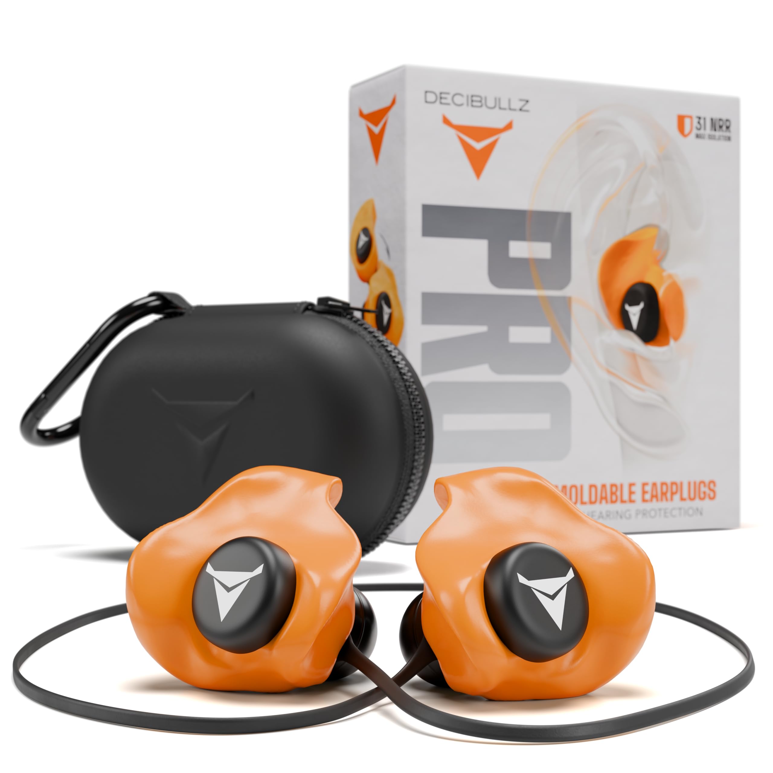 Decibullz Bouchons d'oreille Pro 31 dB NRR réutilisables avec outil de moulage, étui de transport et cordon. Protection auditive pour le tir, les chantiers, les voyages, les sports automobiles et une