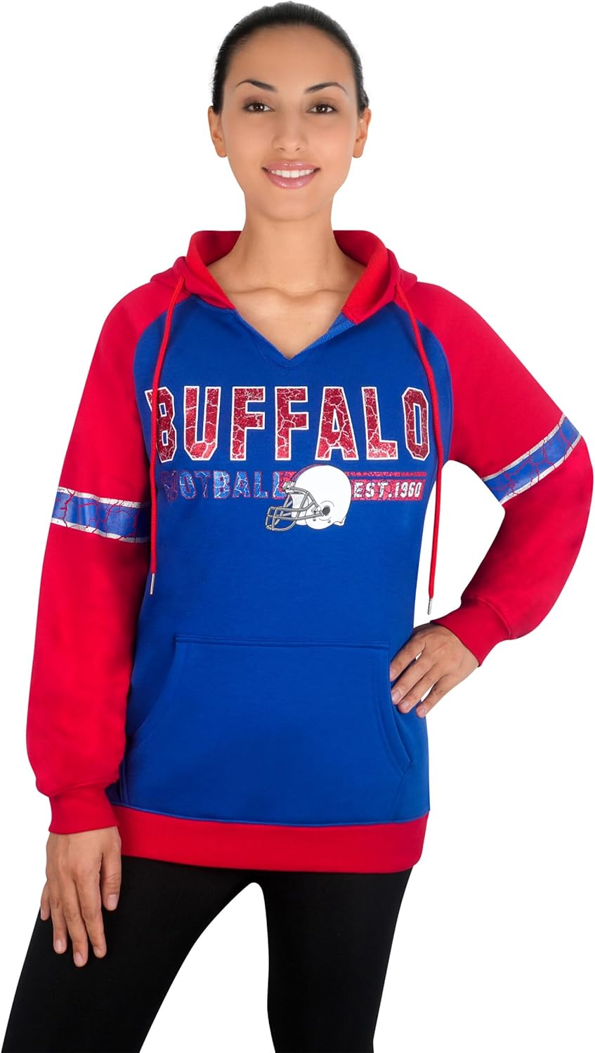 Womens Football City Fans V Neck Raglan Vintage Athletic Hoodies Pullovers Fleece Sweatshirts - Blue & Red - Image 2