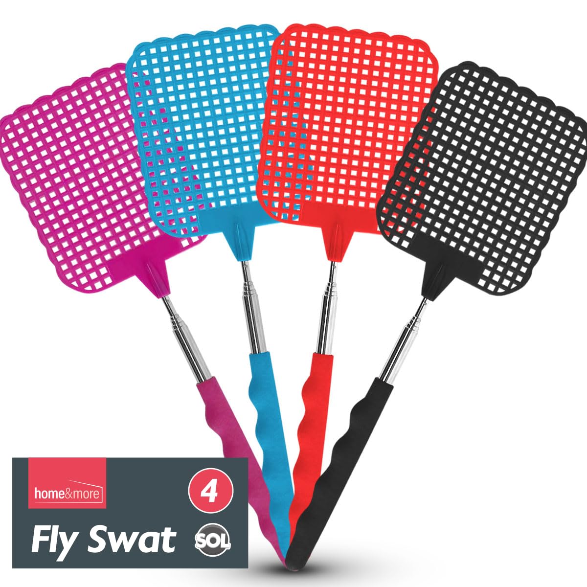 SOL 4pk Long Fly Swatter 45cm, Heavy Duty Swat for Mosquitoes, Flies, Wasps, Cockroaches, Moths, and Flying Pests