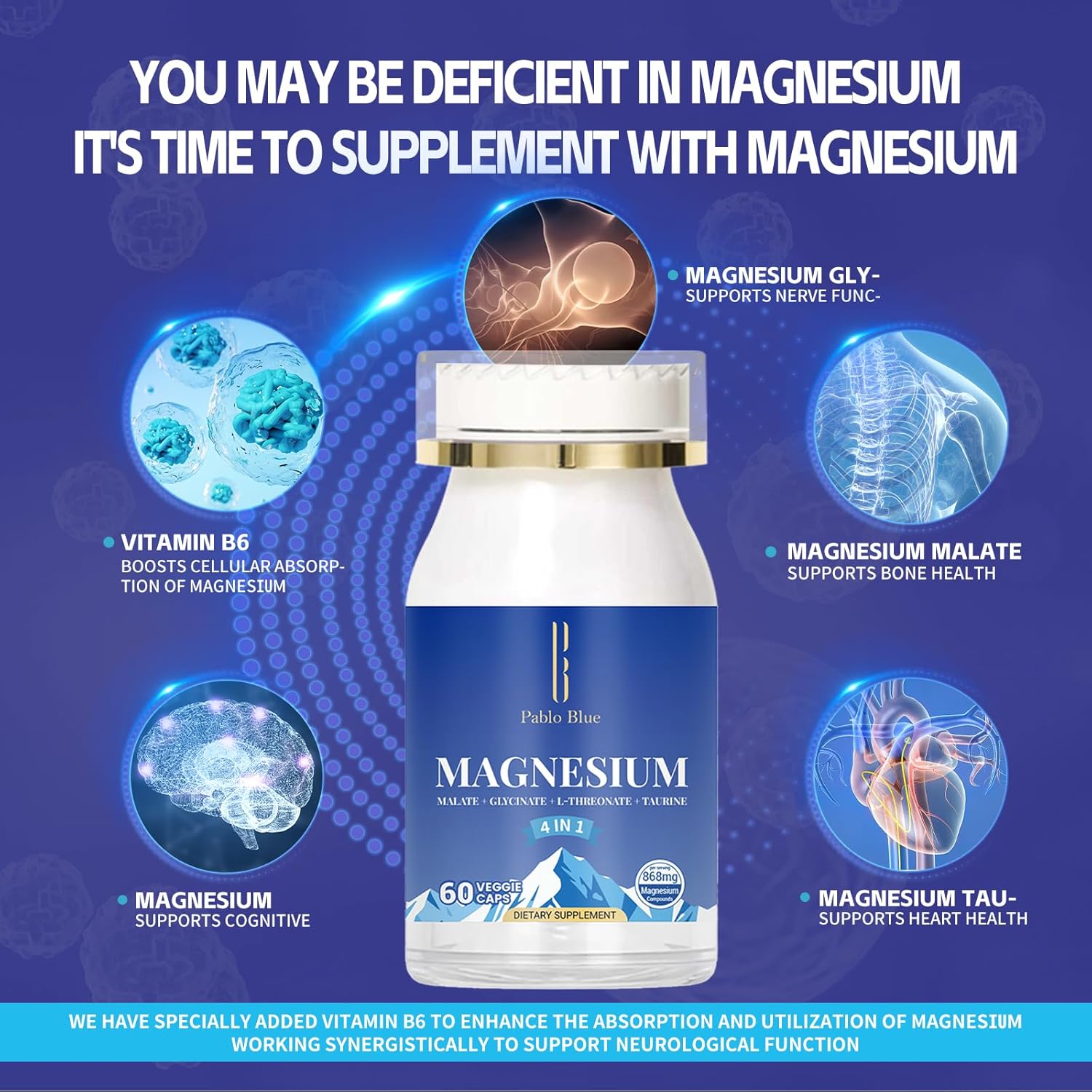 Pablo Blue 4-in-1 Magnesium Glycinate Complex for Women & Men, Chelated Magnesium Threonate, Taurate, Malate & Vitamin B6, Sleep Aid, Brain Function, Muscle Relaxation & Calm Support, Gluten Free