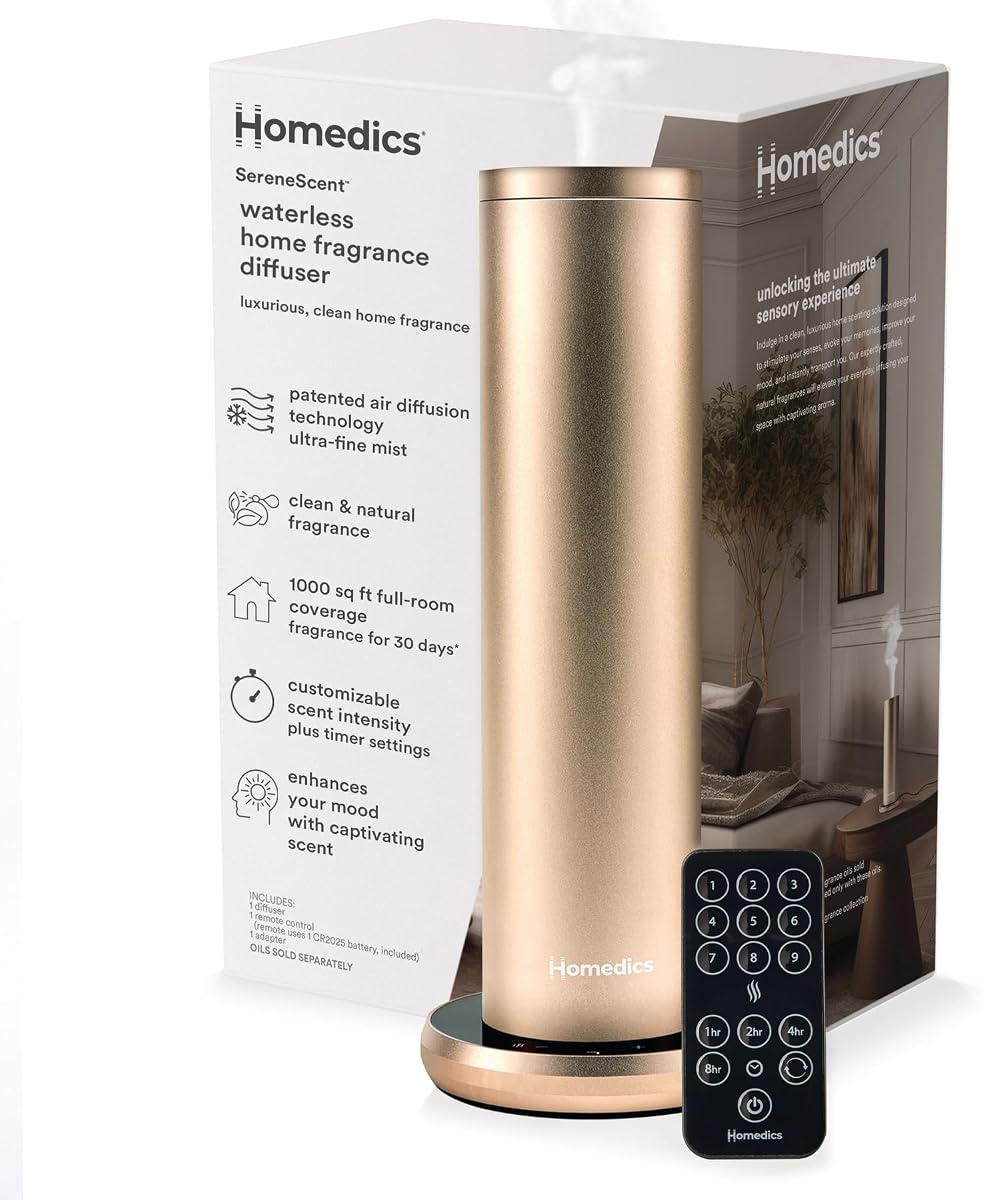 SereneScent Waterless Essential Oil Diffuser, Champagne | Home Fragrance Scent Diffuser for Large Rooms, No Water Needed, Patented Air Diffusion Technology, Oil Sold Separately