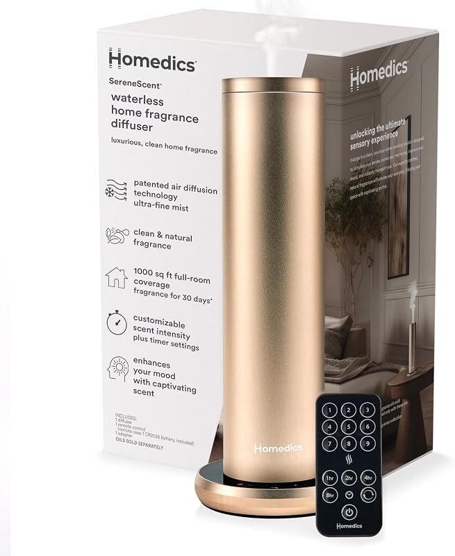 SereneScent Waterless Essential Oil Diffuser, Champagne | Home Fragrance Scent Diffuser for Large Rooms, No Water Needed, Patented Air Diffusion Technology, Oil Sold Separately