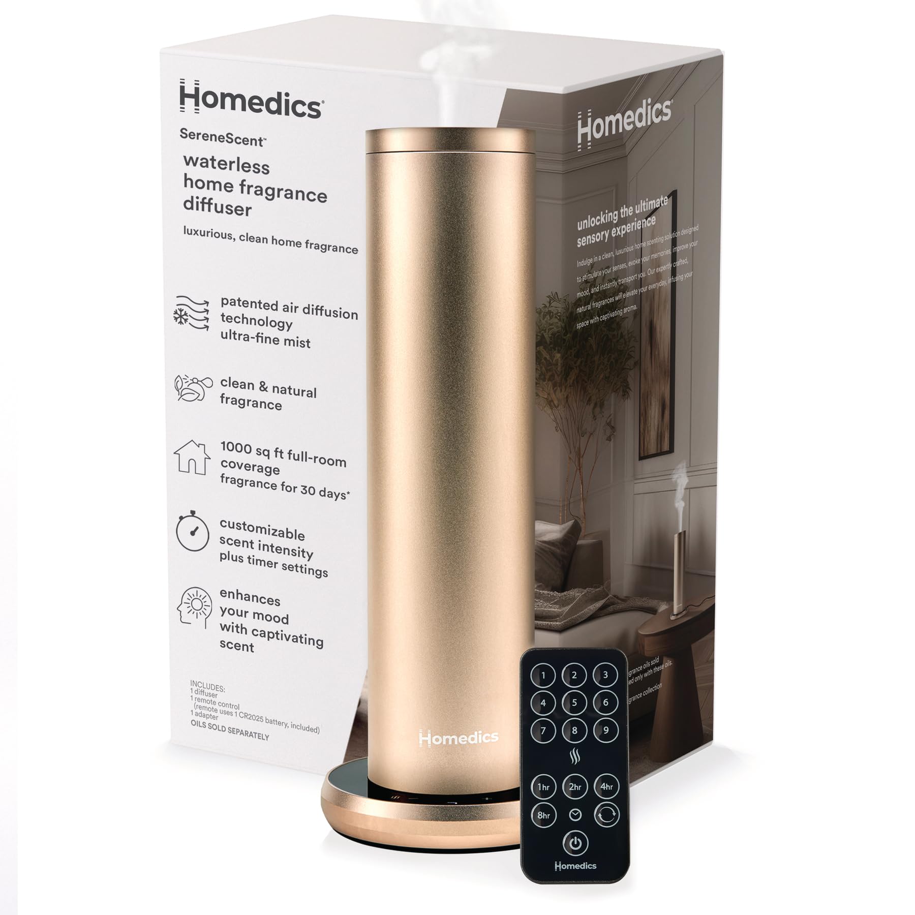 Homedics SereneScent Waterless Home Fragrance Diffuser, Use with Homedics SereneScent Oil (Sold Separately), Patented Air Diffusion Technology, Clean & Natural Fragrance, Enhances Mood, Champagne