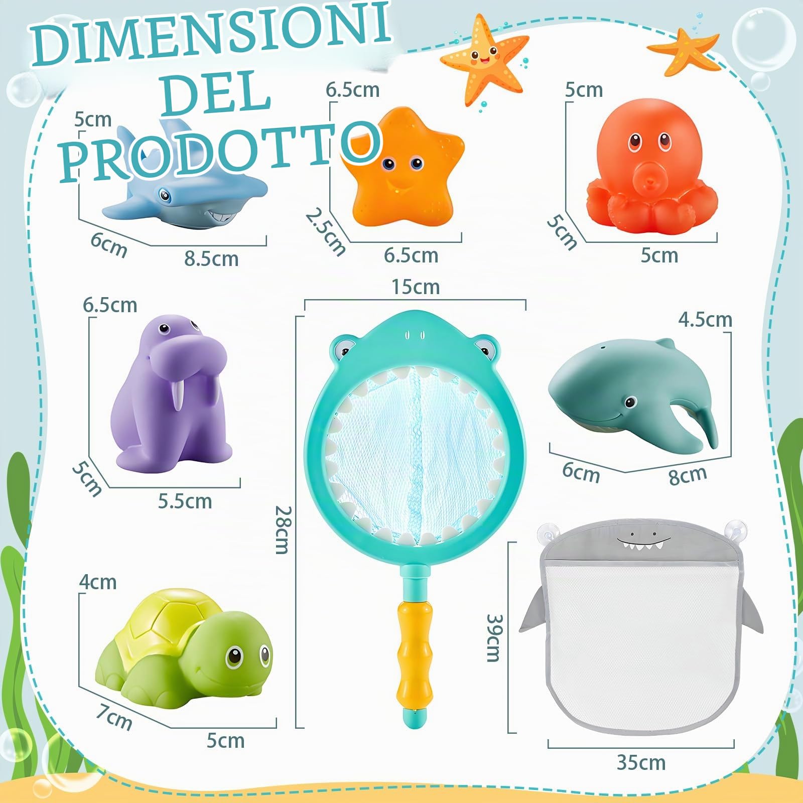 Giochi Bagnetto 8 Pezzi Giocattoli da Bagno per Bambini, Giochi Bagnetto Neonato, Giochi Vasca da Bagno Bambini Giochi Acqua Bagnetto Animali Giocattolo con Rete da Pesca e Borsa Portaoggetti